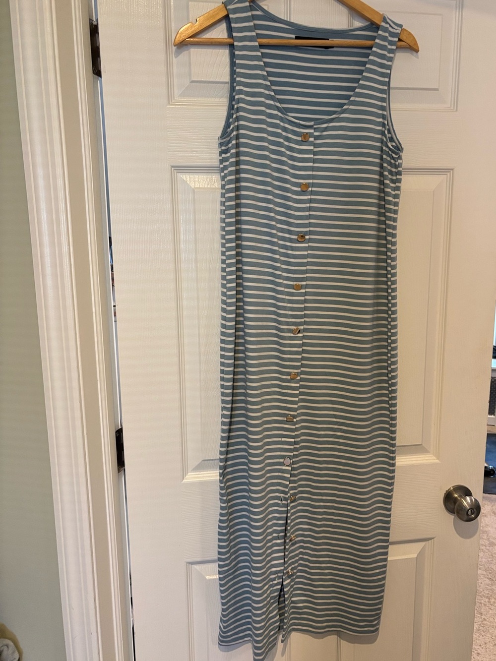 Striped Button-Front Sleeveless Midi Dress in Light Blue and White